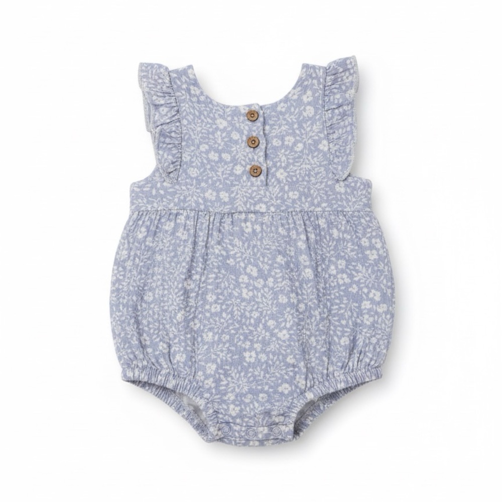 Rabbit Bear Blue Floral Baby Romper with Buttons